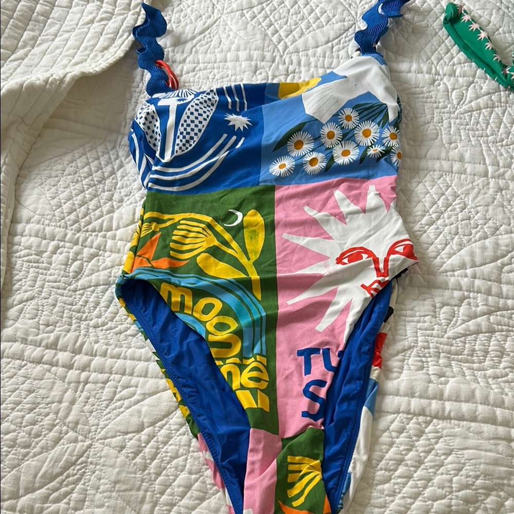 Anthropologie Bold Patchwork Blue, Green & Pink One-Piece Swimsuit